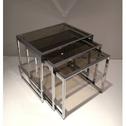 Set of Three Nesting Tables in Chrome and Smoked Glass, France circa 1970
