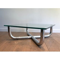 Modernist Chrome X-Base Coffee Table with Octagonal Glass Top, France circa 1970