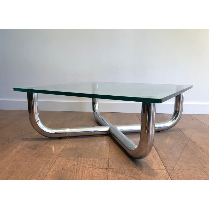 Modernist Chrome X-Base Coffee Table with Octagonal Glass Top, France circa 1970