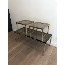 Brass & Smoked Glass Coffee Table with Two Nesting Side Tables, France circa 1970