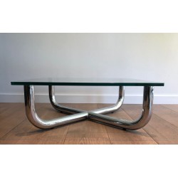 Modernist Chrome X-Base Coffee Table with Octagonal Glass Top, France circa 1970