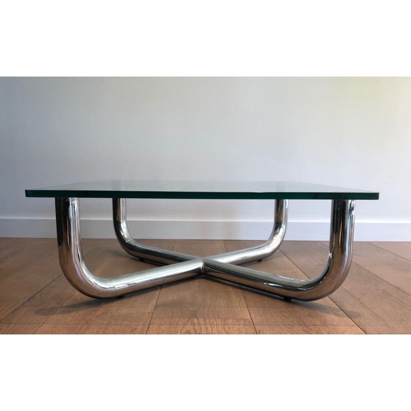 Modernist Chrome X-Base Coffee Table with Octagonal Glass Top, France circa 1970