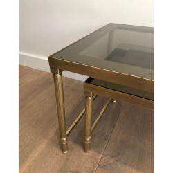 Brass & Smoked Glass Coffee Table with Two Nesting Side Tables, France circa 1970