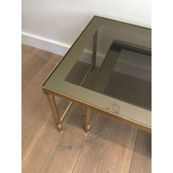 Brass & Smoked Glass Coffee Table with Two Nesting Side Tables, France circa 1970