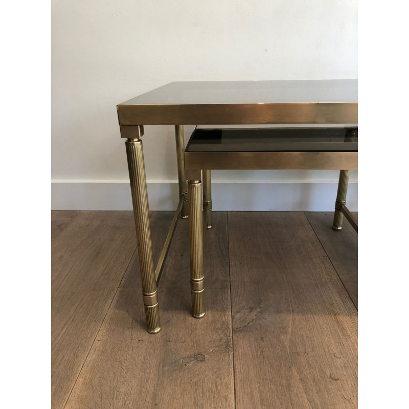 Brass & Smoked Glass Coffee Table with Two Nesting Side Tables, France circa 1970