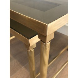 Brass & Smoked Glass Coffee Table with Two Nesting Side Tables, France circa 1970