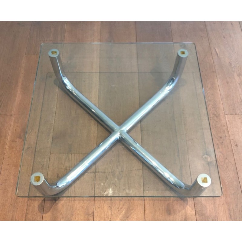 Modernist Chrome X-Base Coffee Table with Octagonal Glass Top, France circa 1970