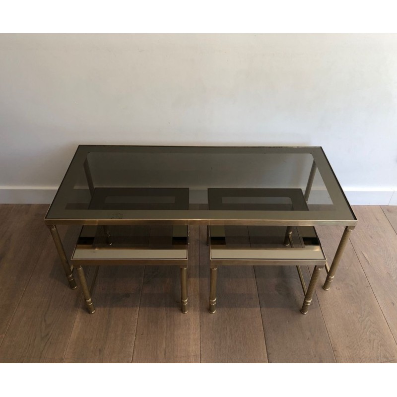 Brass & Smoked Glass Coffee Table with Two Nesting Side Tables, France circa 1970
