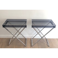 Pair of Smoked Lucite Tray Tables on Folding Chrome Bases, France circa 1970