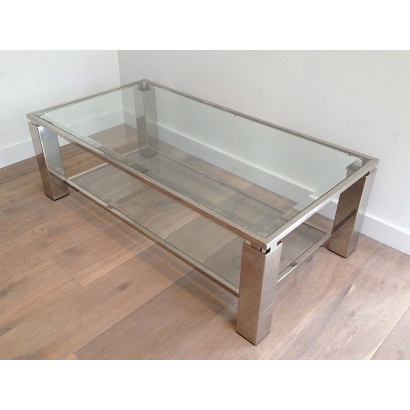 Two-Tier Modernist Chrome & Glass Coffee Table, France circa 1970