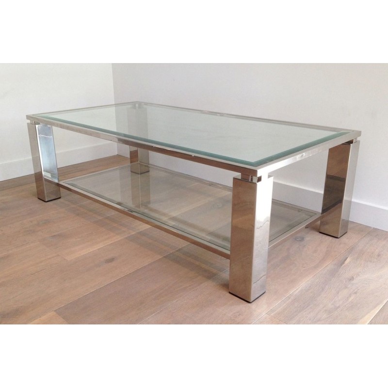 Two-Tier Modernist Chrome & Glass Coffee Table, France circa 1970