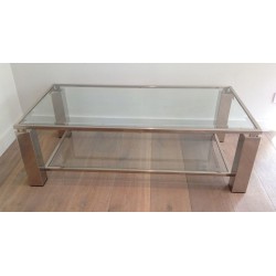 Two-Tier Modernist Chrome & Glass Coffee Table, France circa 1970