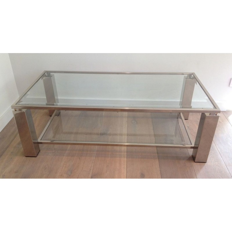 Two-Tier Modernist Chrome & Glass Coffee Table, France circa 1970