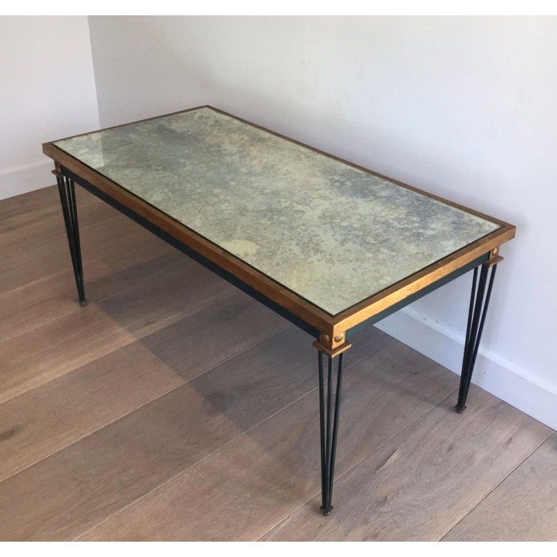 Painted Steel & Gilt Coffee Table with Antique Mirror Top, in the Style of Jacques Quinet, France c.1940