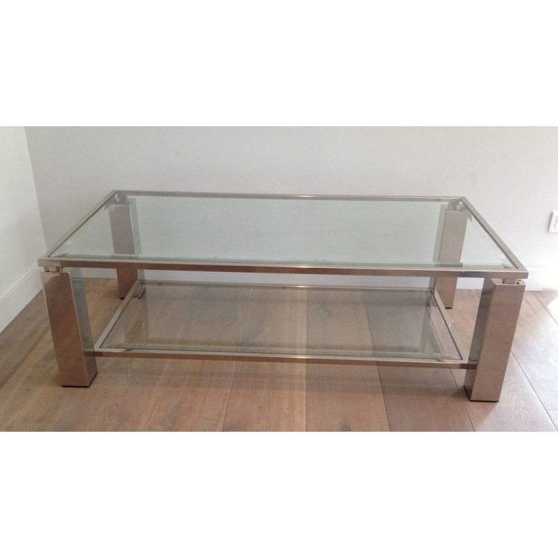 Two-Tier Modernist Chrome & Glass Coffee Table, France circa 1970
