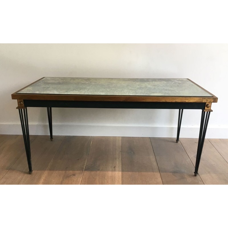 Painted Steel & Gilt Coffee Table with Antique Mirror Top, in the Style of Jacques Quinet, France c.1940