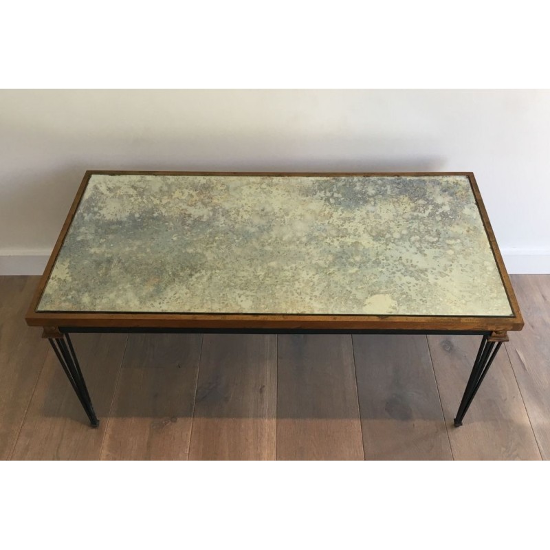 Painted Steel & Gilt Coffee Table with Antique Mirror Top, in the Style of Jacques Quinet, France c.1940