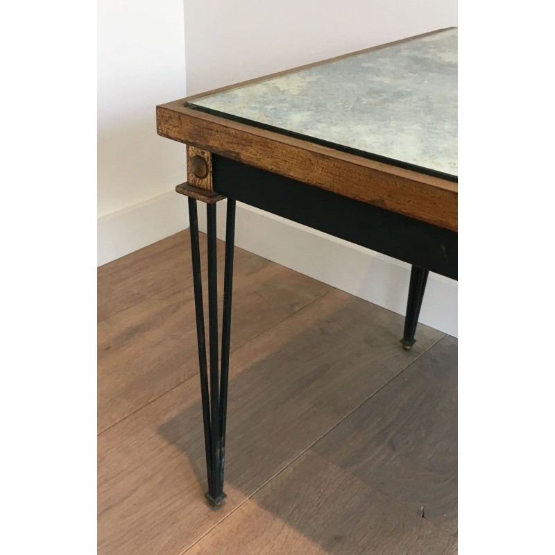 Painted Steel & Gilt Coffee Table with Antique Mirror Top, in the Style of Jacques Quinet, France c.1940