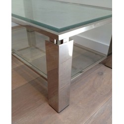 Two-Tier Modernist Chrome & Glass Coffee Table, France circa 1970