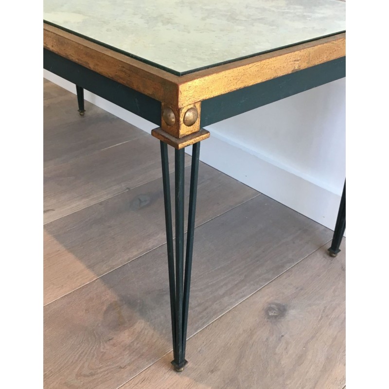 Painted Steel & Gilt Coffee Table with Antique Mirror Top, in the Style of Jacques Quinet, France c.1940