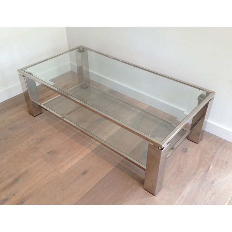 Two-Tier Modernist Chrome & Glass Coffee Table, France circa 1970