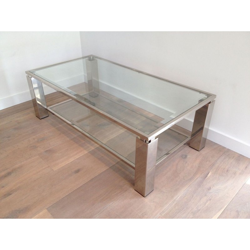 Two-Tier Modernist Chrome & Glass Coffee Table, France circa 1970