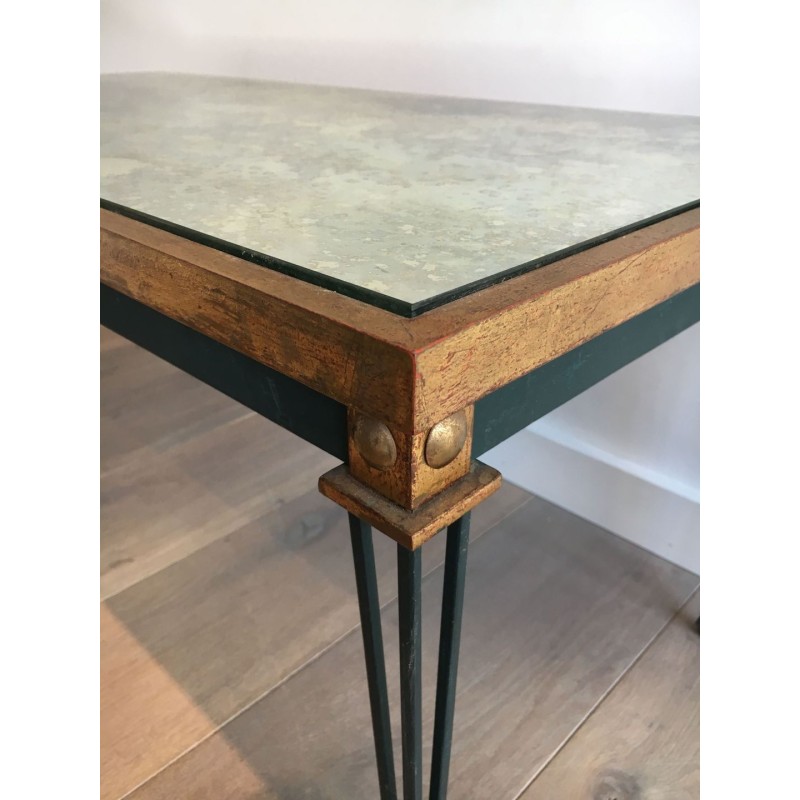 Painted Steel & Gilt Coffee Table with Antique Mirror Top, in the Style of Jacques Quinet, France c.1940