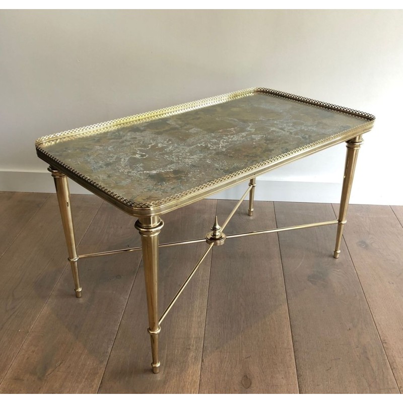 Brass Neoclassical Coffee Table with Églomisé Mirror Top, Attributed to Maison Ramsay, France c.1940