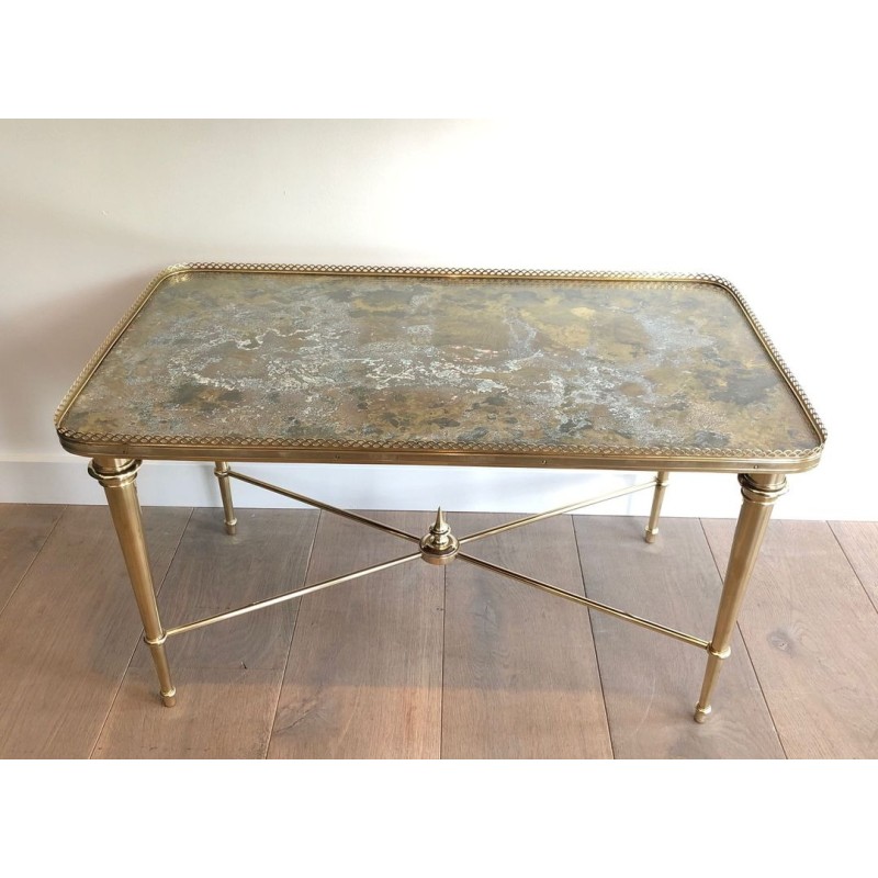 Brass Neoclassical Coffee Table with Églomisé Mirror Top, Attributed to Maison Ramsay, France c.1940