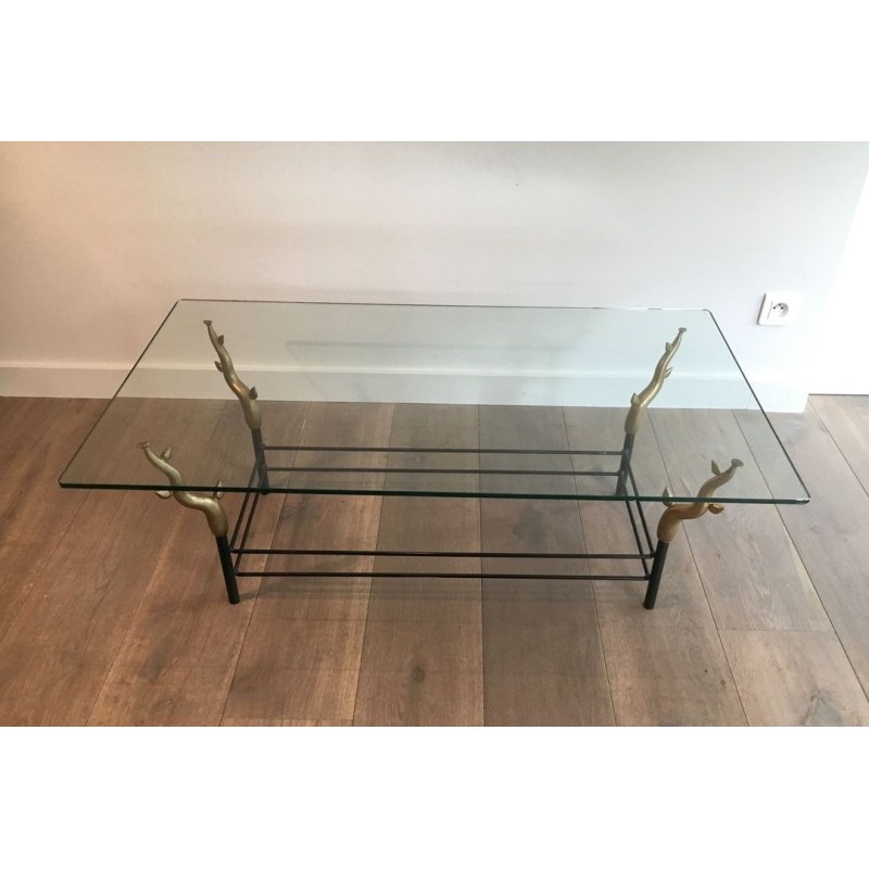 Wrought Iron & Gilt Brass Coffee Table with Sculptural Tree Branch Legs, in the Style of Willy Daro, c.1970