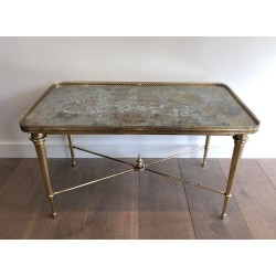 Brass Neoclassical Coffee Table with Églomisé Mirror Top, Attributed to Maison Ramsay, France c.1940