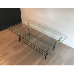 Wrought Iron & Gilt Brass Coffee Table with Sculptural Tree Branch Legs, in the Style of Willy Daro, c.1970