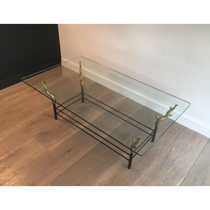 Wrought Iron & Gilt Brass Coffee Table with Sculptural Tree Branch Legs, in the Style of Willy Daro, c.1970