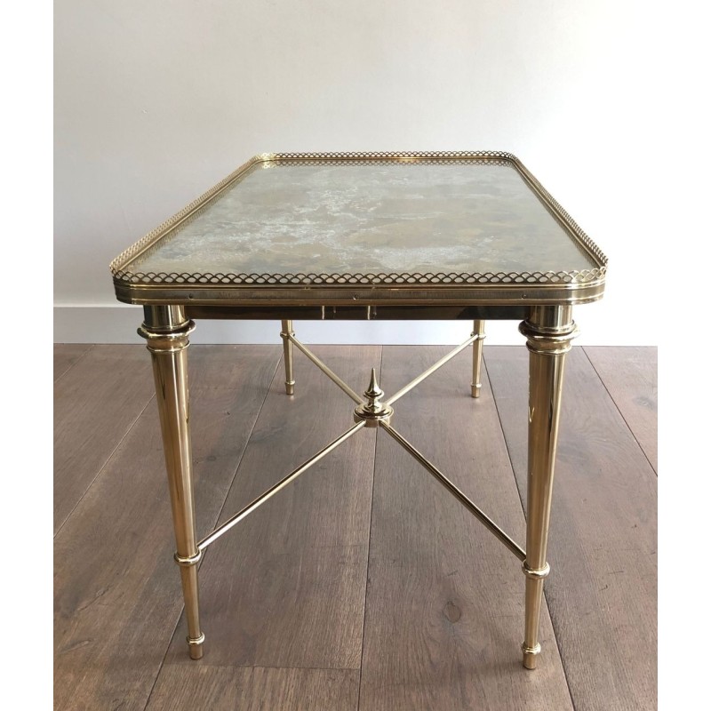 Brass Neoclassical Coffee Table with Églomisé Mirror Top, Attributed to Maison Ramsay, France c.1940