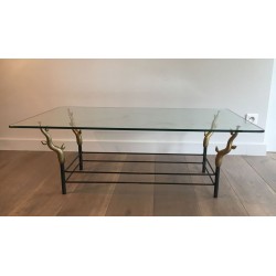 Wrought Iron & Gilt Brass Coffee Table with Sculptural Tree Branch Legs, in the Style of Willy Daro, c.1970