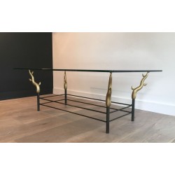 Wrought Iron & Gilt Brass Coffee Table with Sculptural Tree Branch Legs, in the Style of Willy Daro, c.1970