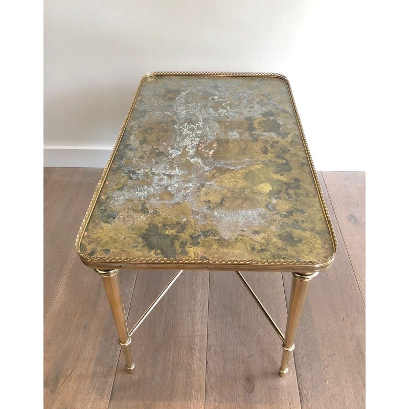 Brass Neoclassical Coffee Table with Églomisé Mirror Top, Attributed to Maison Ramsay, France c.1940