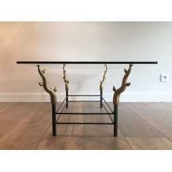 Wrought Iron & Gilt Brass Coffee Table with Sculptural Tree Branch Legs, in the Style of Willy Daro, c.1970