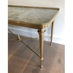 Brass Neoclassical Coffee Table with Églomisé Mirror Top, Attributed to Maison Ramsay, France c.1940