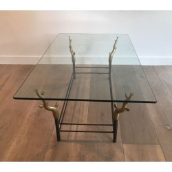 Wrought Iron & Gilt Brass Coffee Table with Sculptural Tree Branch Legs, in the Style of Willy Daro, c.1970