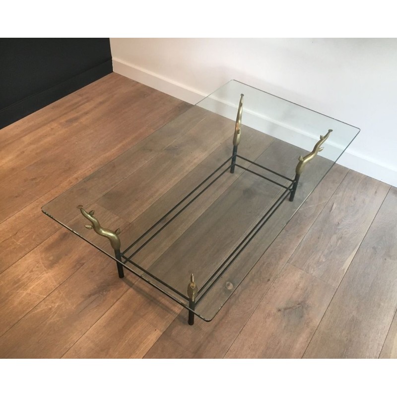 Wrought Iron & Gilt Brass Coffee Table with Sculptural Tree Branch Legs, in the Style of Willy Daro, c.1970