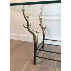 Wrought Iron & Gilt Brass Coffee Table with Sculptural Tree Branch Legs, in the Style of Willy Daro, c.1970