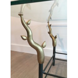 Wrought Iron & Gilt Brass Coffee Table with Sculptural Tree Branch Legs, in the Style of Willy Daro, c.1970