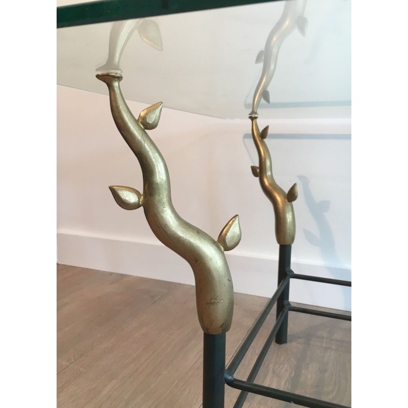Wrought Iron & Gilt Brass Coffee Table with Sculptural Tree Branch Legs, in the Style of Willy Daro, c.1970