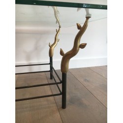 Wrought Iron & Gilt Brass Coffee Table with Sculptural Tree Branch Legs, in the Style of Willy Daro, c.1970