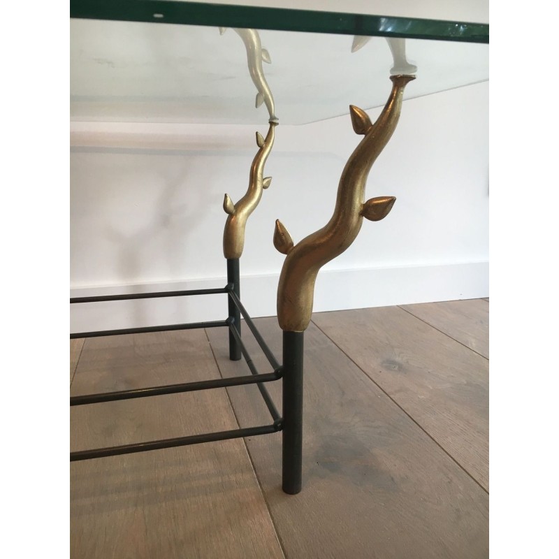 Wrought Iron & Gilt Brass Coffee Table with Sculptural Tree Branch Legs, in the Style of Willy Daro, c.1970