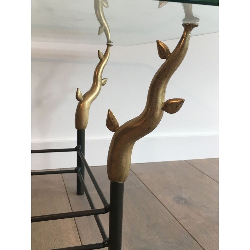 Wrought Iron & Gilt Brass Coffee Table with Sculptural Tree Branch Legs, in the Style of Willy Daro, c.1970