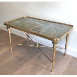 Brass Neoclassical Coffee Table with Églomisé Mirror Top, Attributed to Maison Ramsay, France c.1940