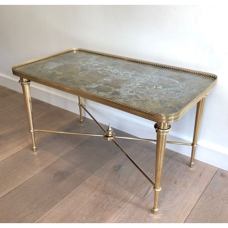 Brass Neoclassical Coffee Table with Églomisé Mirror Top, Attributed to Maison Ramsay, France c.1940
