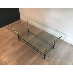 Wrought Iron & Gilt Brass Coffee Table with Sculptural Tree Branch Legs, in the Style of Willy Daro, c.1970